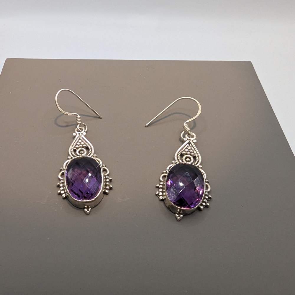 Beautiful And Delicate Amethyst Faceted Sterling Silver French Hook Earrings